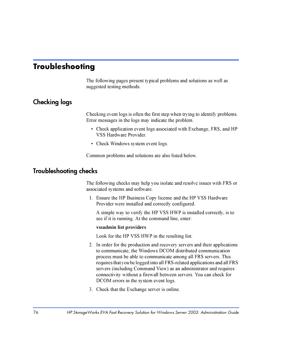 HP Fast Recovery Solution XP SW manual Checking logs, Troubleshooting checks, Vssadmin list providers 