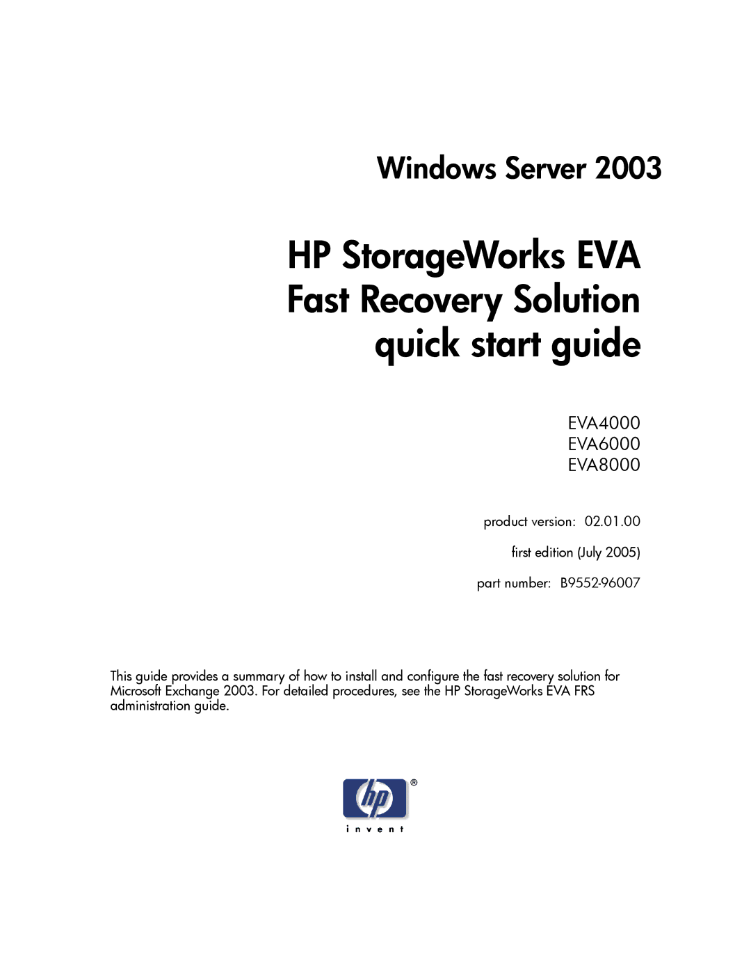 HP Fast Recovery Solution XP SW manual EVA4000 EVA6000 EVA8000 