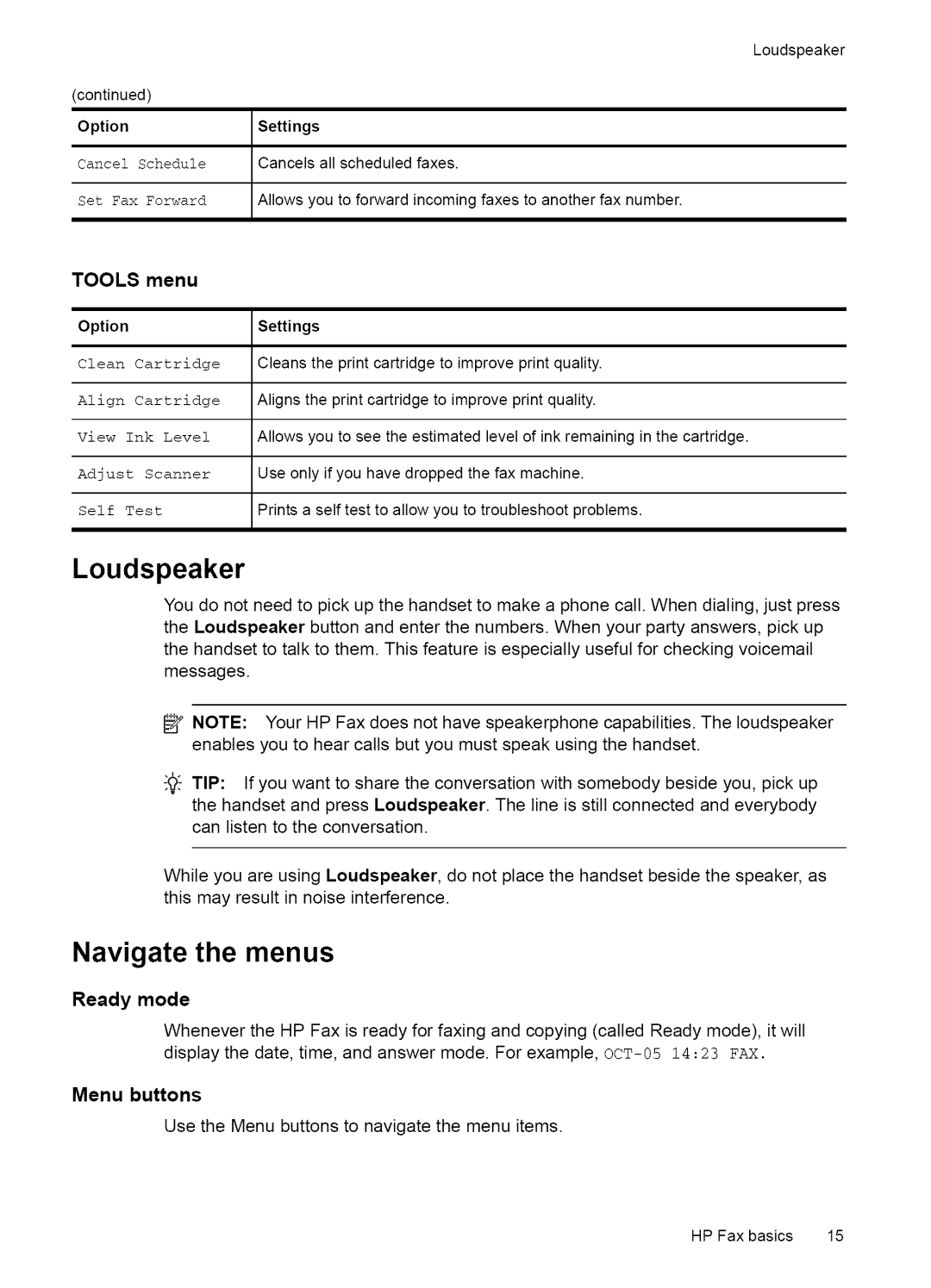 HP Fax 2140 manual Loudspeaker, Navigate the menus, Menu Option Settings, Ready mode, Menu buttons 