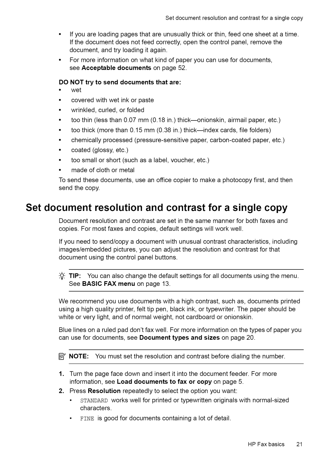 HP Fax 2140 manual Setdocumentresolutionandcontrastforasinglecopy, Set document resolution and contrast for a single copy 