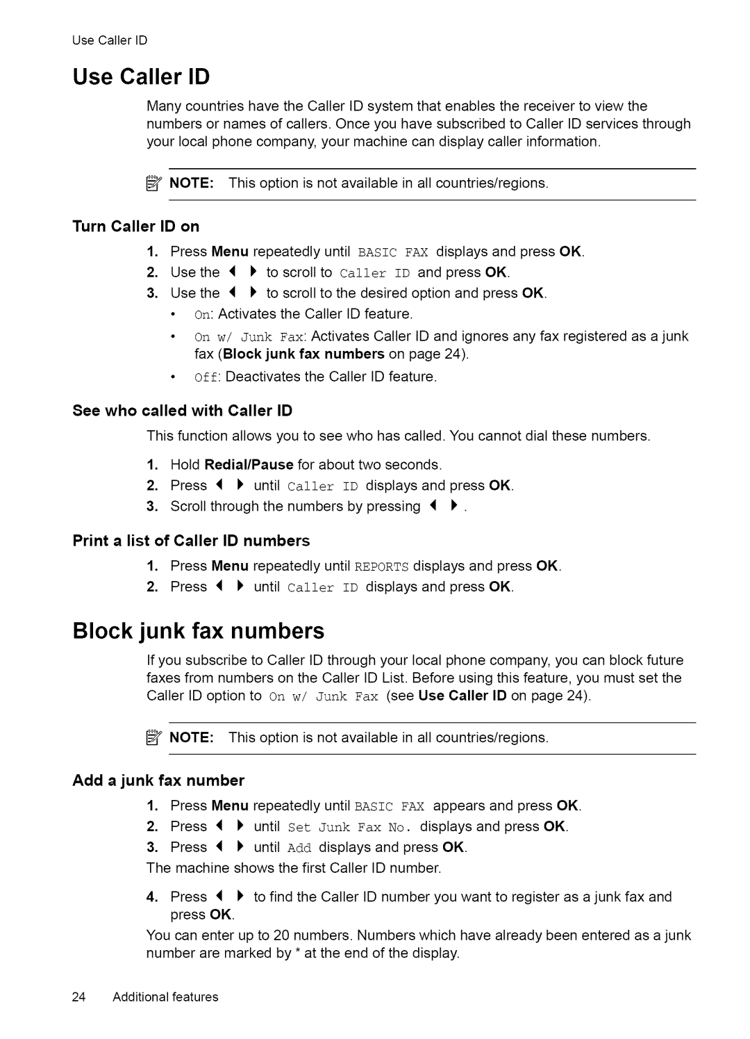 HP Fax 2140 manual UseCallerID Use Caller ID, Block junk fax numbers, Turn Caller ID on, See who called with Caller ID 