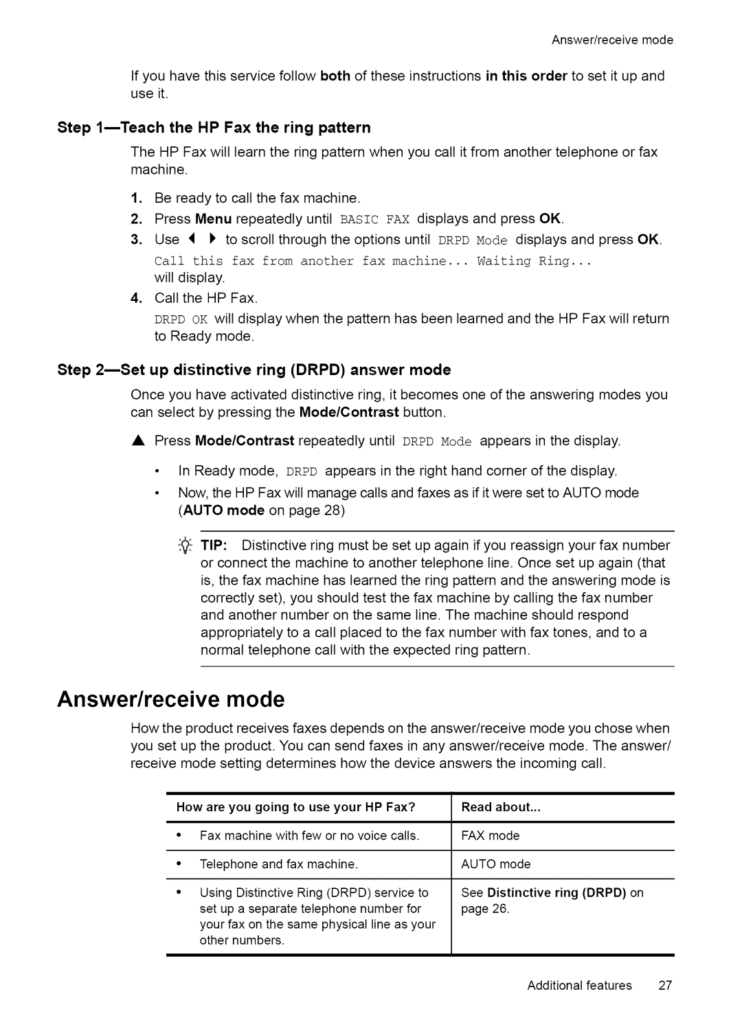 HP Fax 2140 manual Answer/receivemode, Answer/receive mode, Step lmTeach the HP Fax the ring pattern, How are 