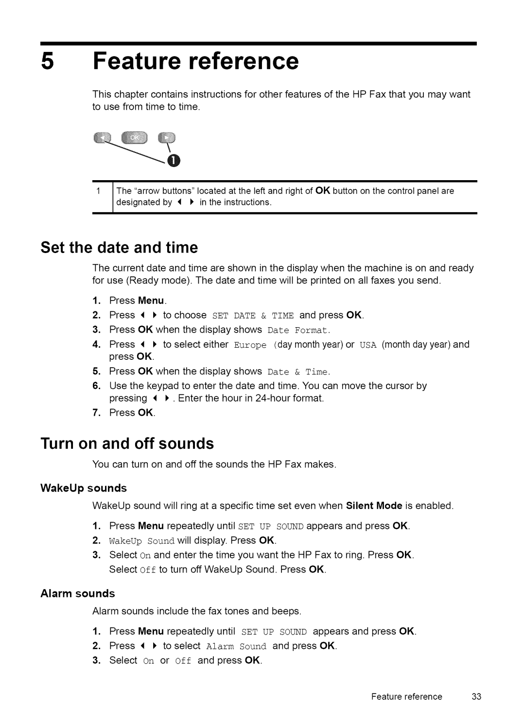 HP Fax 2140 manual Set the date and time, Turn on and off sounds, Alarm sounds 