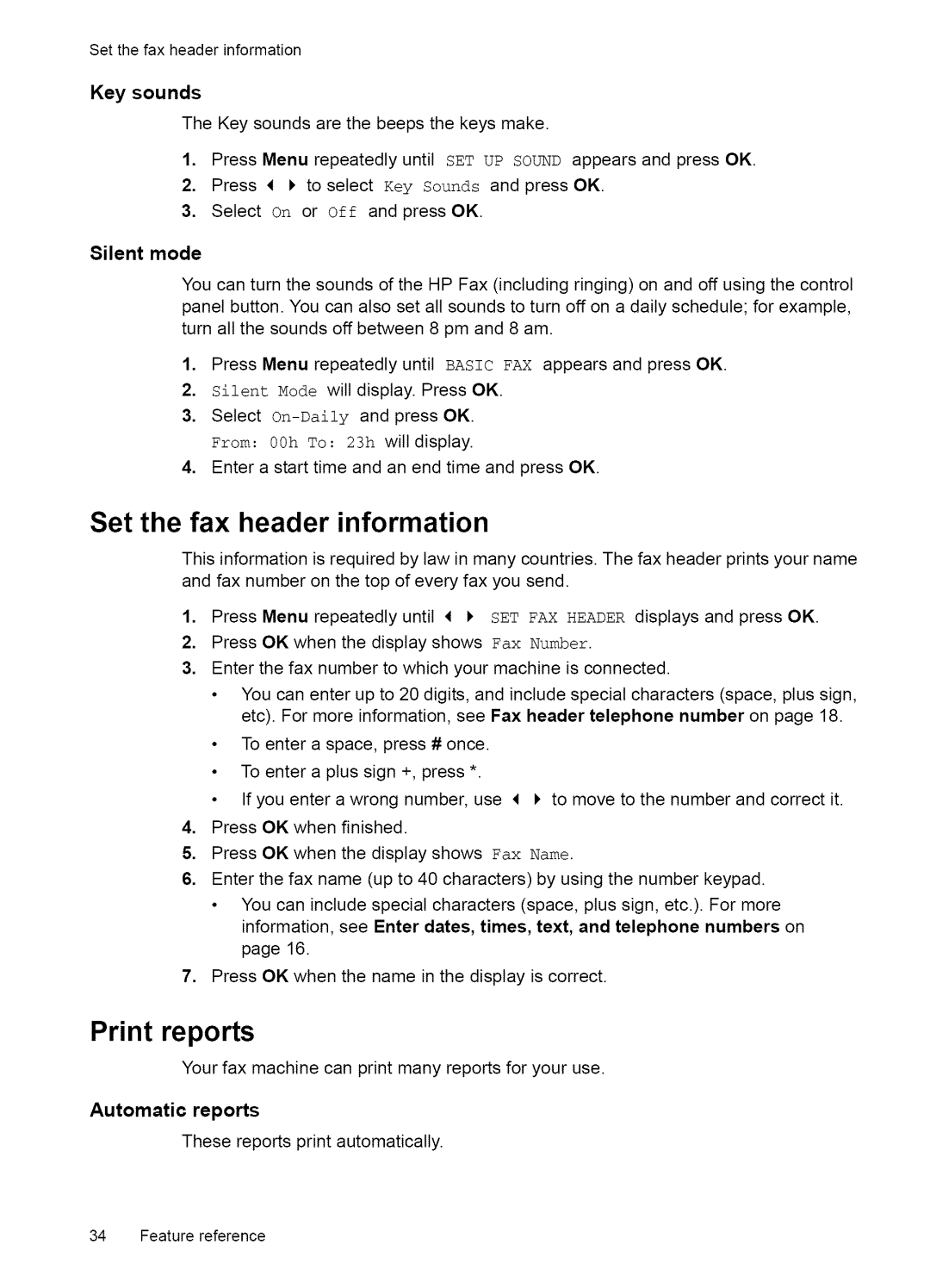 HP Fax 2140 manual Setthefaxheaderinformation, Set the fax header information, Silent mode, Automatic reports 