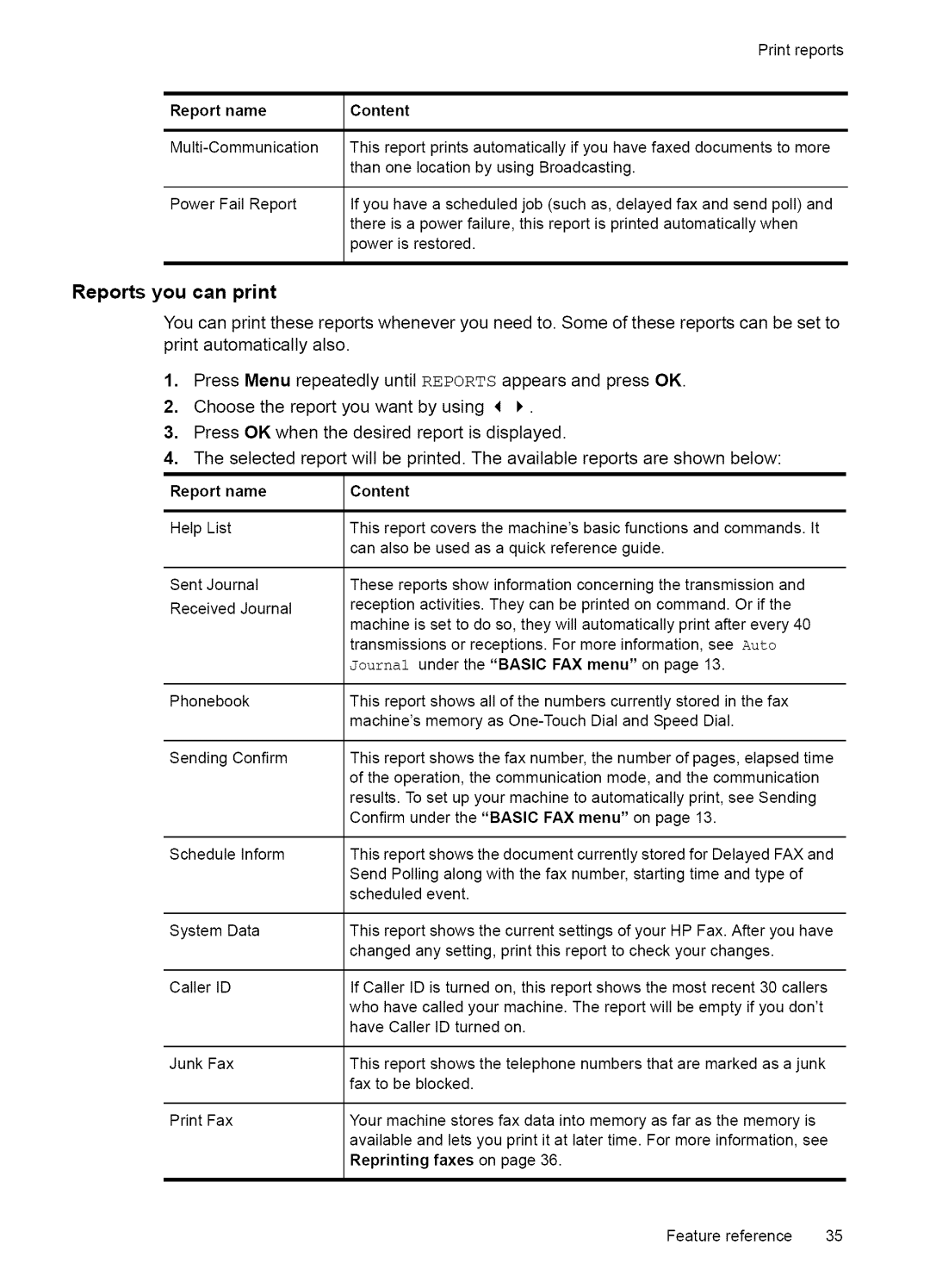 HP Fax 2140 manual Printreports, Reports you can print, Report name 