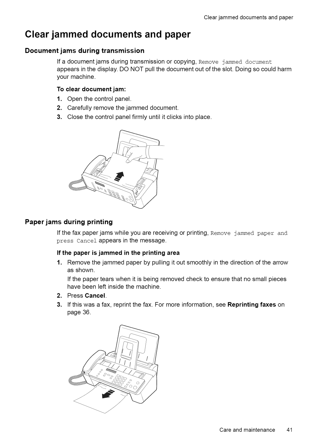 HP Fax 2140 manual Clear jammed documents and paper, Clearjammeddocumentsandpaper 