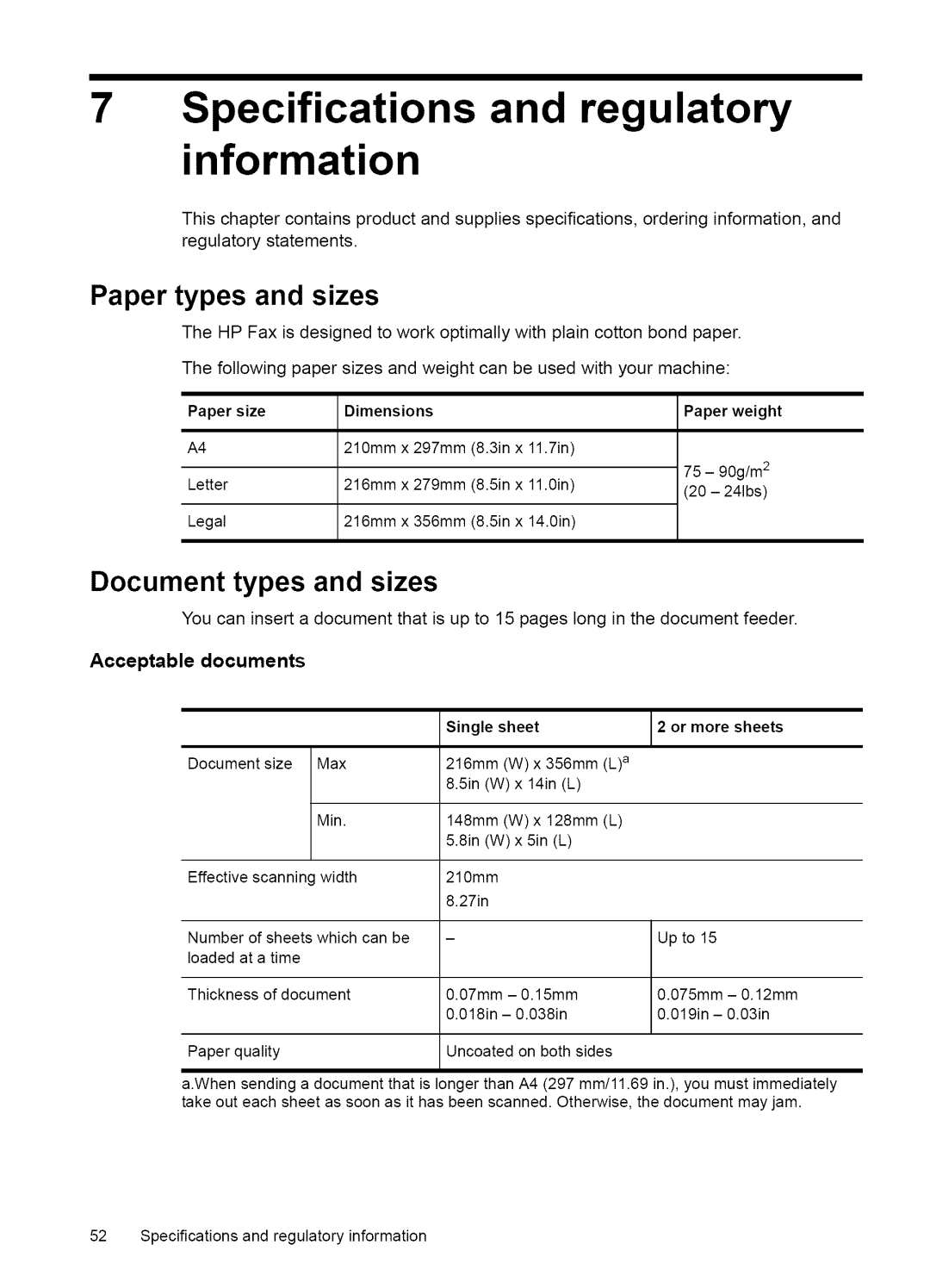 HP Fax 2140 manual Document types and sizes, Acceptable documents, Paper size Dimensions Paper weight 