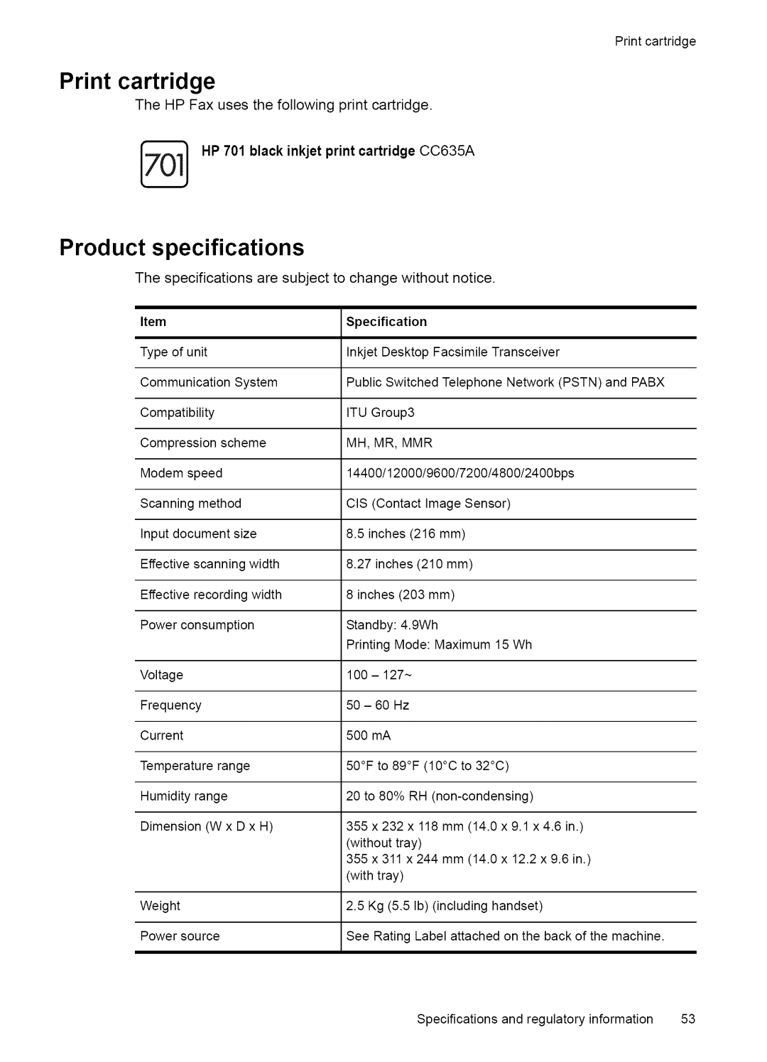 HP Fax 2140 manual Print cartridge, Product specifications, HP 701 black inkjet print cartridge CC635A 