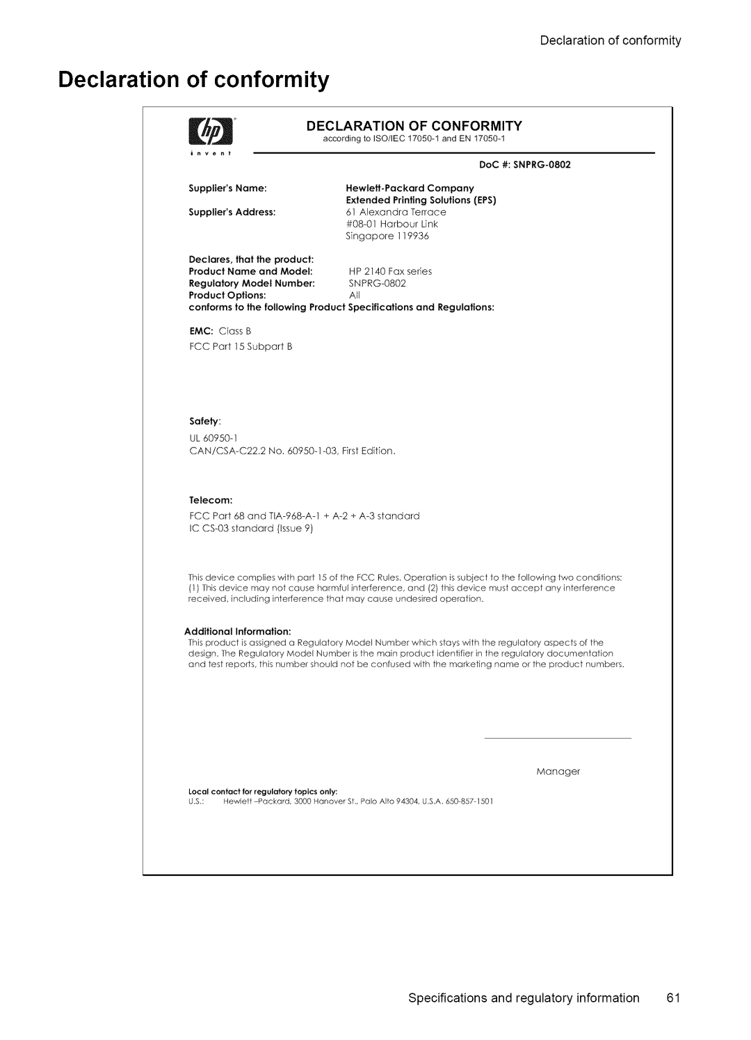 HP Fax 2140 manual # oEc.A .,o,oFCO.FO.M,.Y, Declaration of conformity 