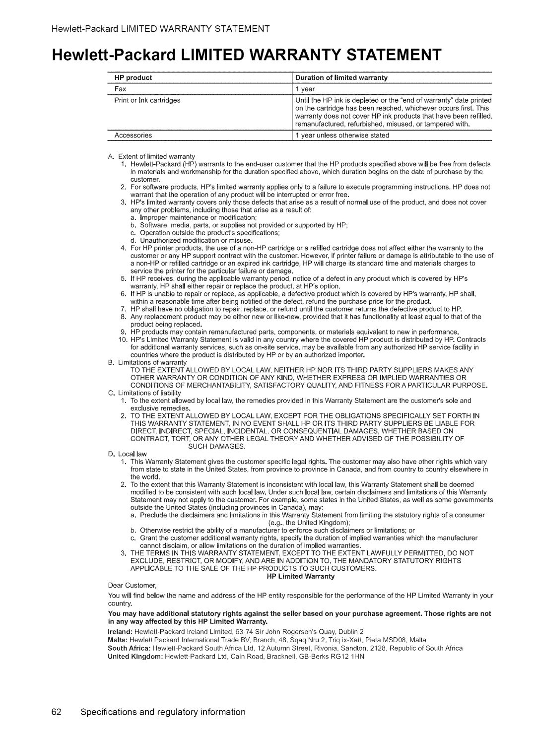 HP Fax 2140 manual Hewlett-PackardLIMITEDWARRANTYSTATEMENT, Hewlett-Packard Limited Warranty Statement 