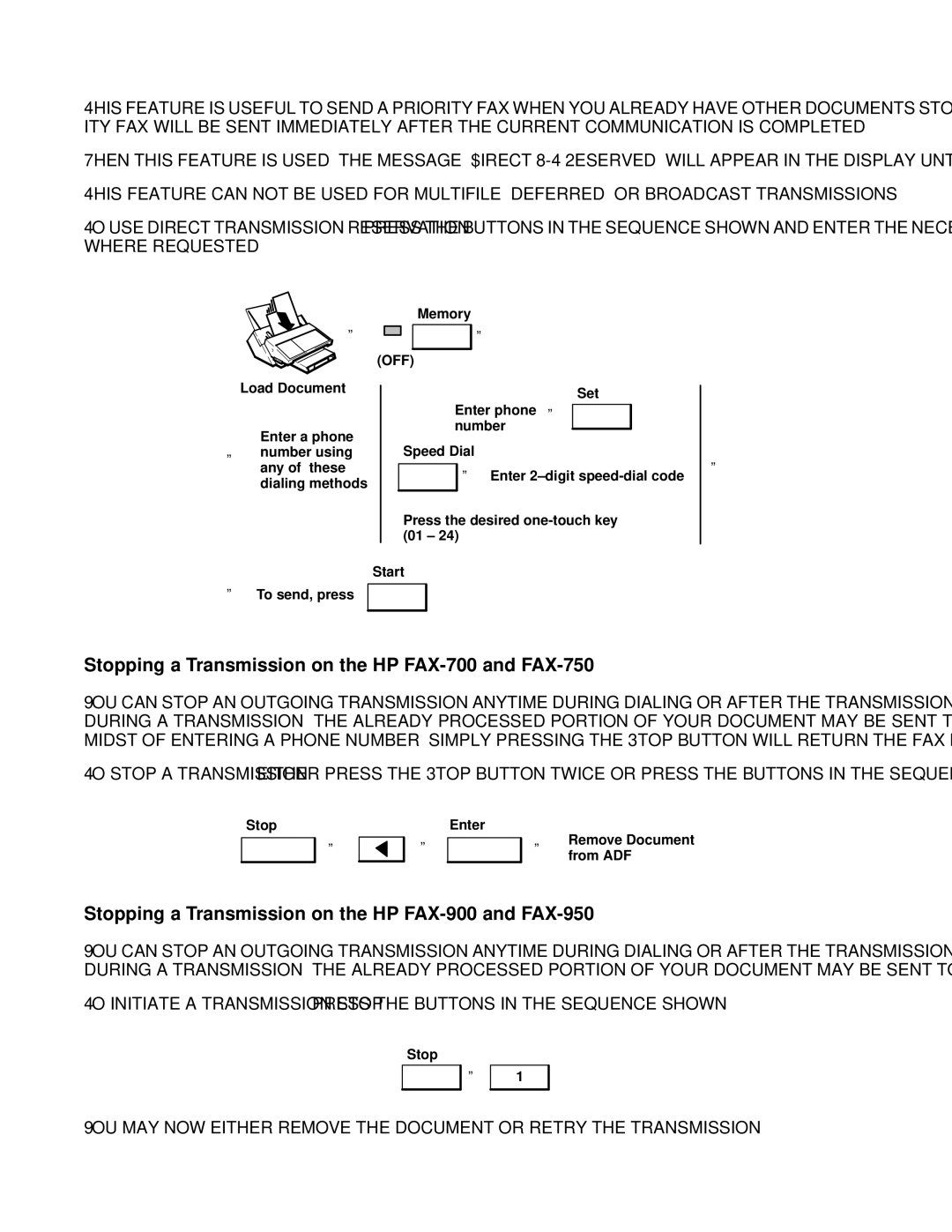 HP manual Stopping a Transmission on the HP FAX-700 and FAX-750, Stopping a Transmission on the HP FAX-900 and FAX-950 