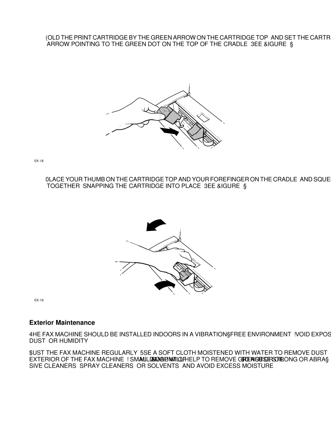 HP FAX-700 manual Exterior Maintenance, Setting the Cartridge in the Cradle 