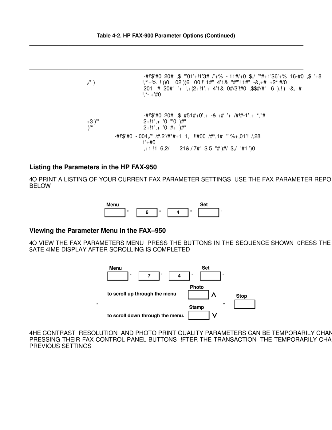 HP FAX-700 manual Listing the Parameters in the HP FAX-950, Viewing the Parameter Menu in the FAX-950 