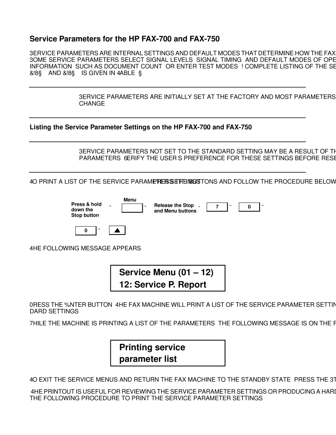 HP manual Service Menu 01 Service P. Report, Service Parameters for the HP FAX-700 and FAX-750 