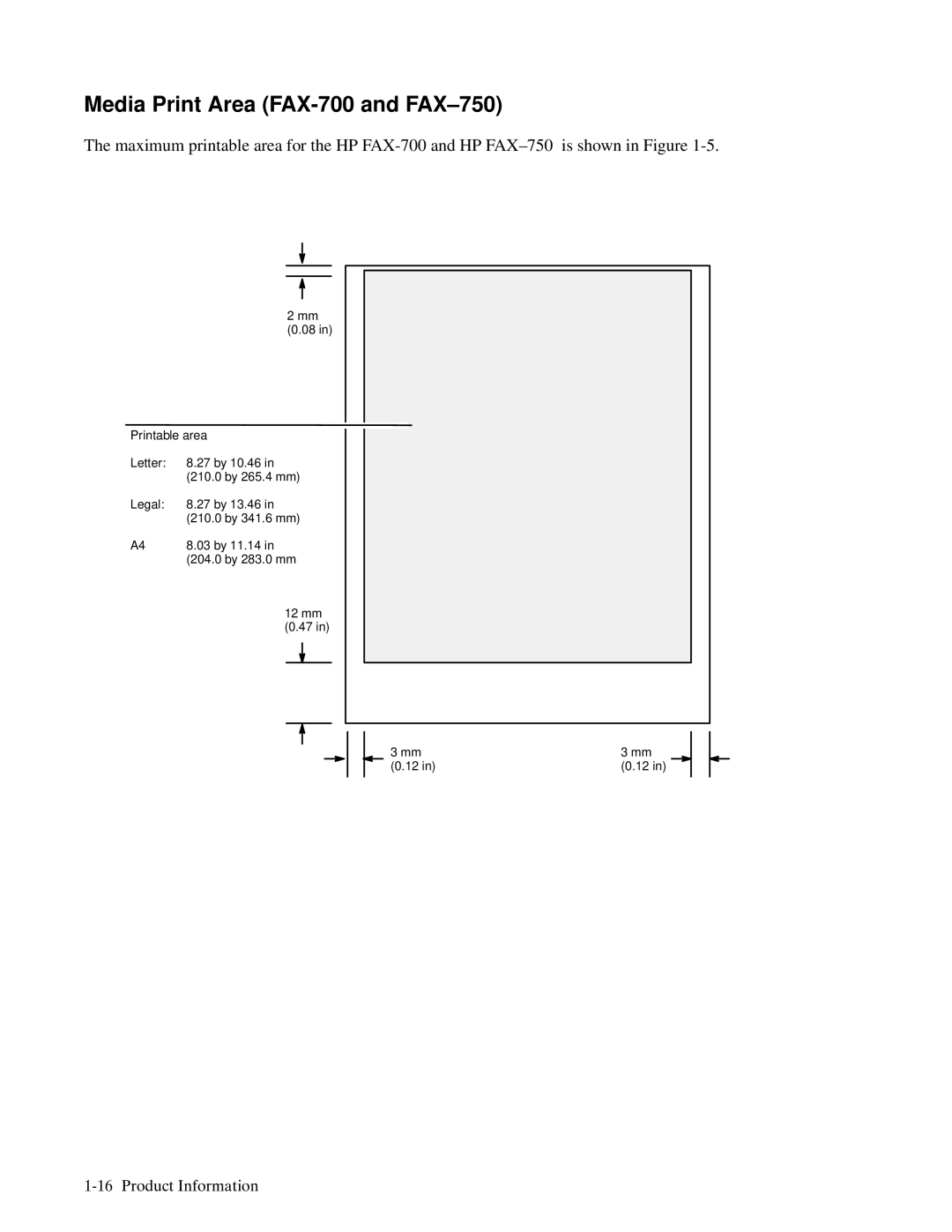 HP manual Media Print Area FAX-700 and FAX-750 