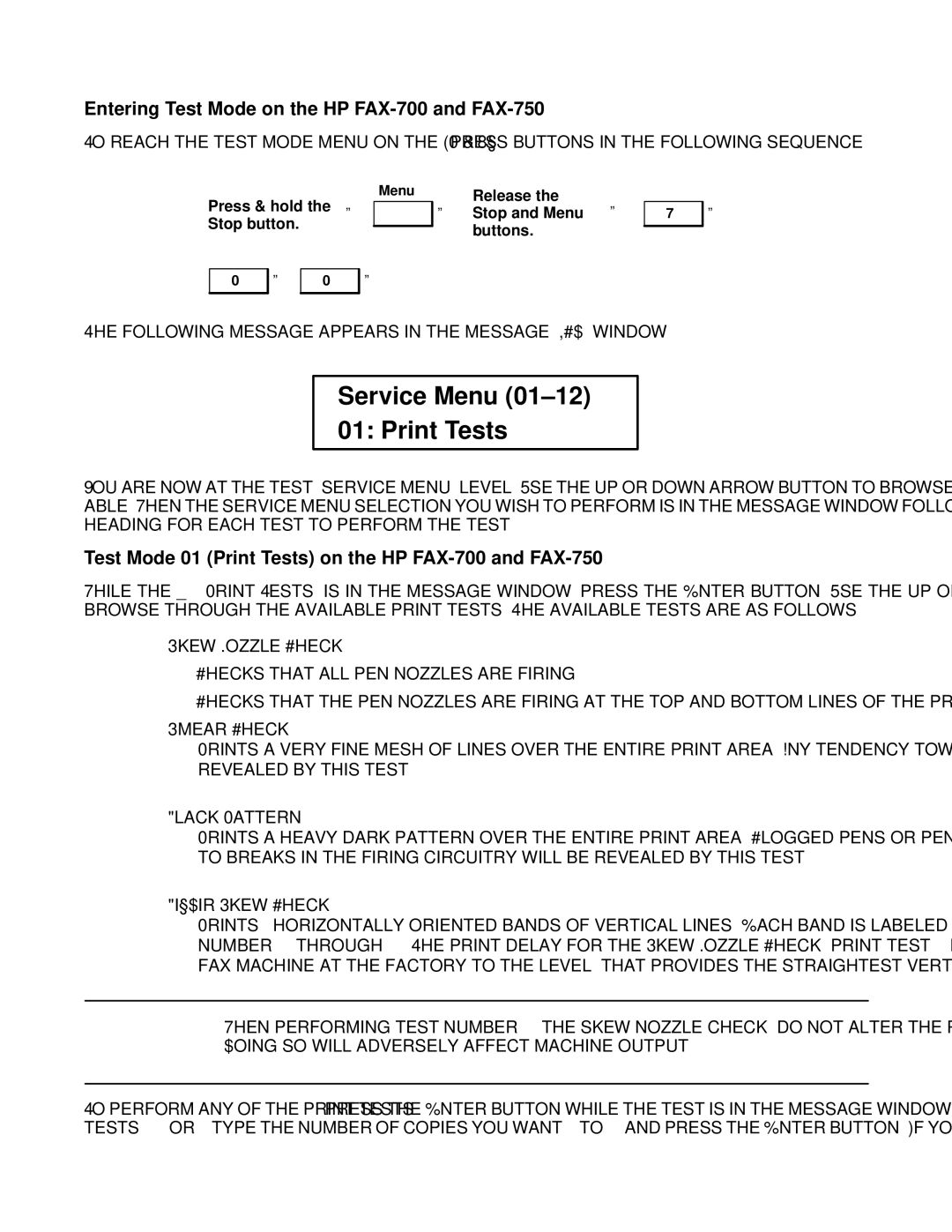HP manual Entering Test Mode on the HP FAX-700 and FAX-750, Test Mode 01 Print Tests on the HP FAX-700 and FAX-750 