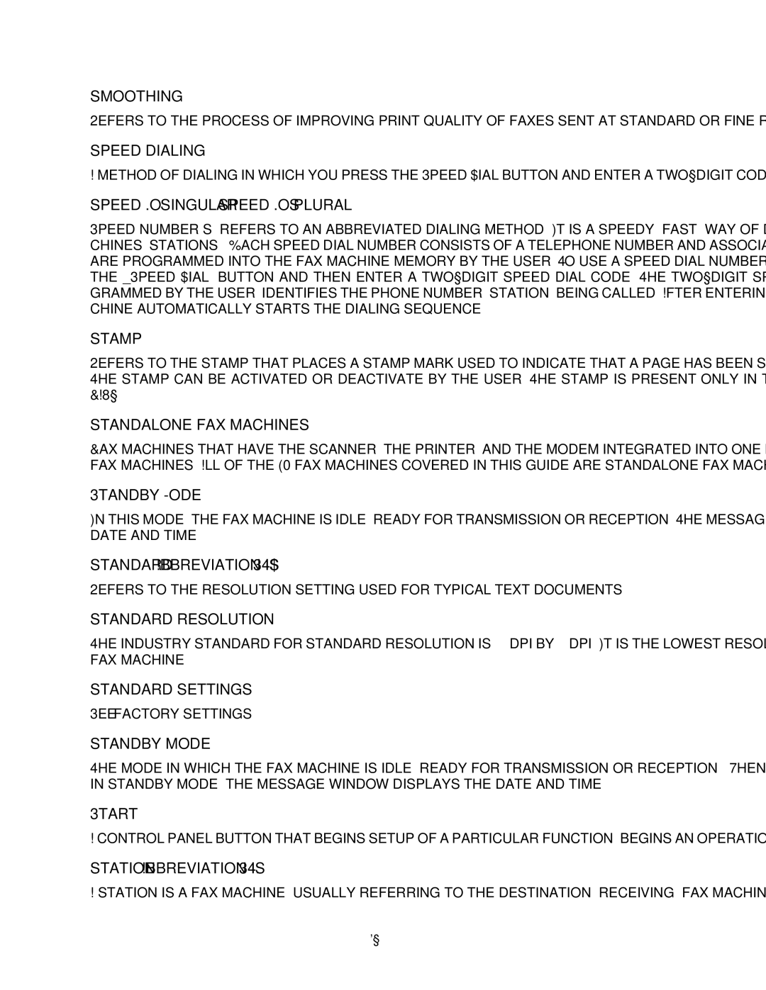 HP FAX-700 manual Smoothing, Speed dialing, Speed Nosingular. speed Nosplural, Stamp, Standalone fax machines, Standby Mode 