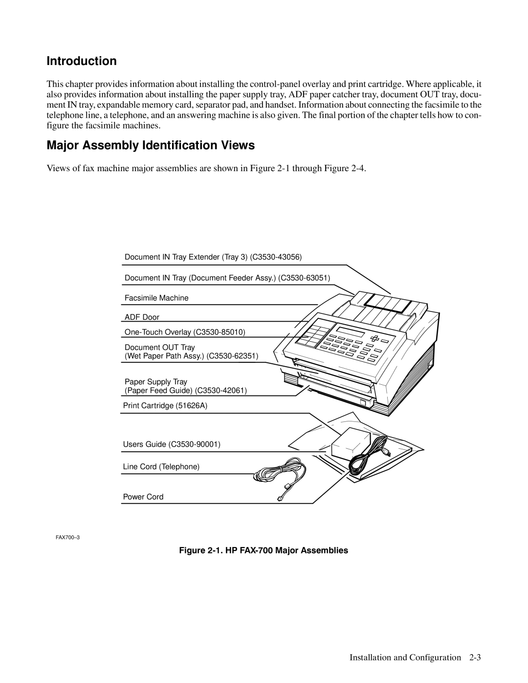 HP FAX-700 manual Major Assembly Identification Views, HP FAX700 Major Assemblies Installation and Configuration 