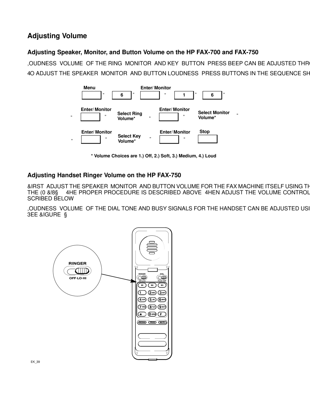 HP FAX-700 manual Adjusting Volume, Adjusting Handset Ringer Volume on the HP FAX-750 