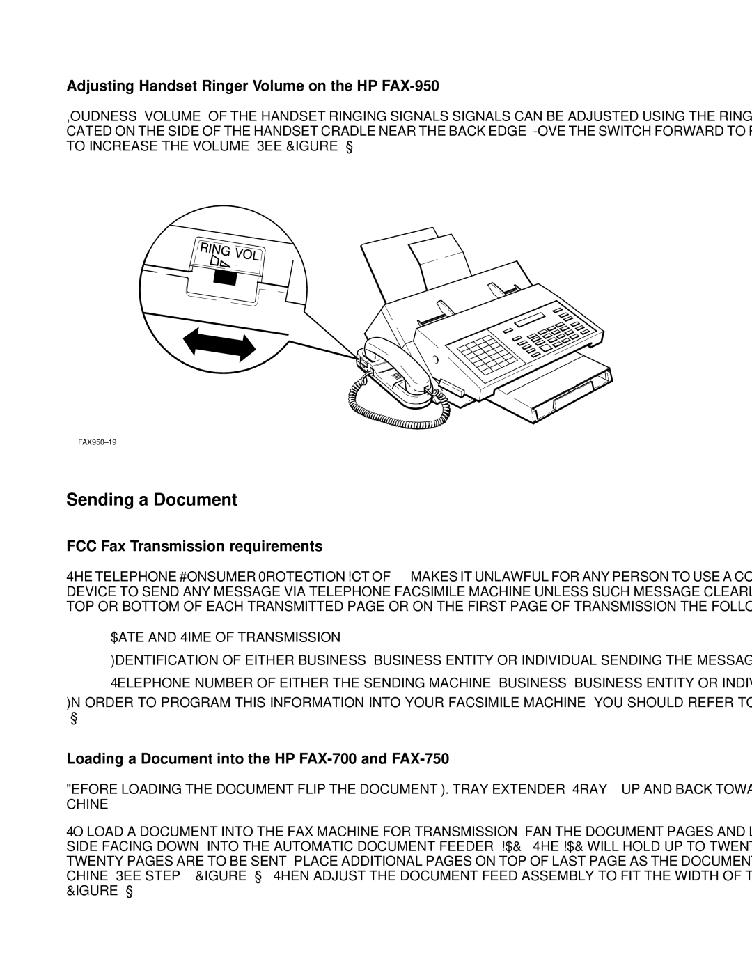 HP FAX-700 manual Sending a Document, Adjusting Handset Ringer Volume on the HP FAX-950, FCC Fax Transmission requirements 