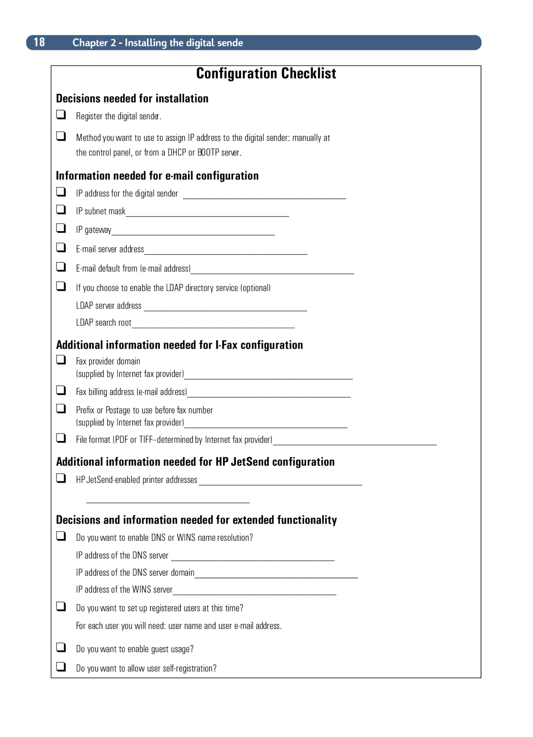 HP Fax Machine Sender manual Decisions needed for installation, Information needed for e-mail configuration 