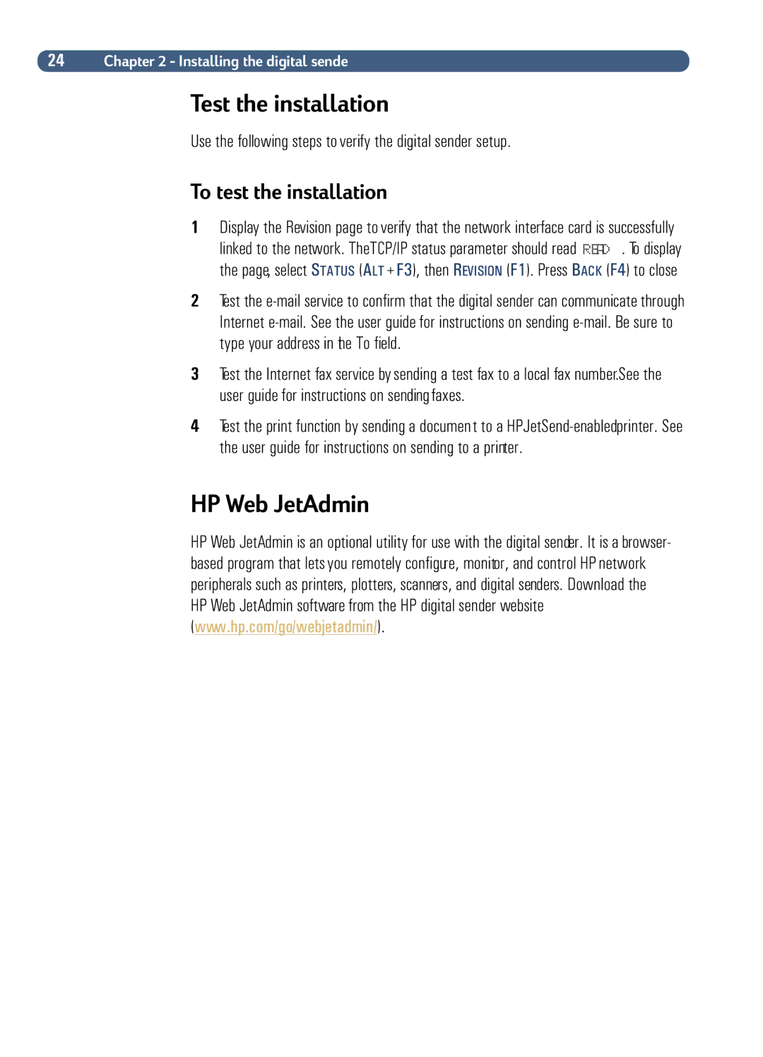 HP Fax Machine Sender manual Use the following steps to verify the digital sender setup 