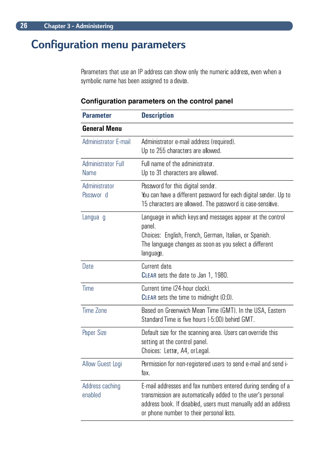 HP Fax Machine Sender manual Parameter Description, General Menu 