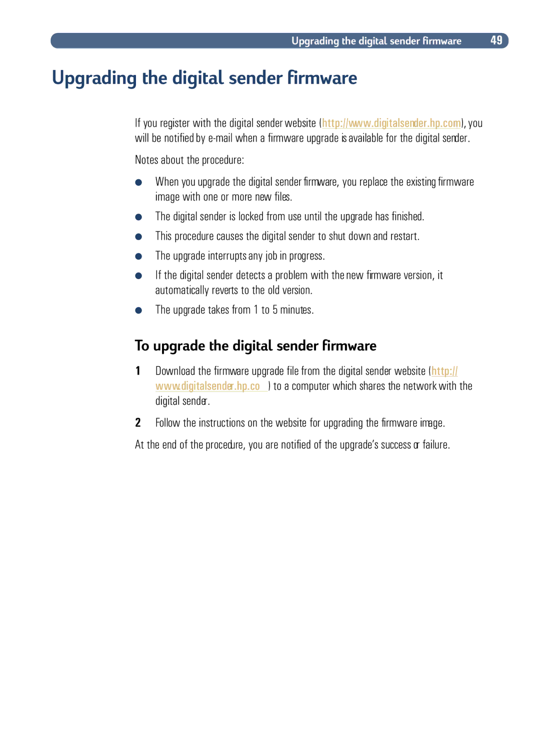 HP Fax Machine Sender manual Upgrade takes from 1 to 5 minutes 