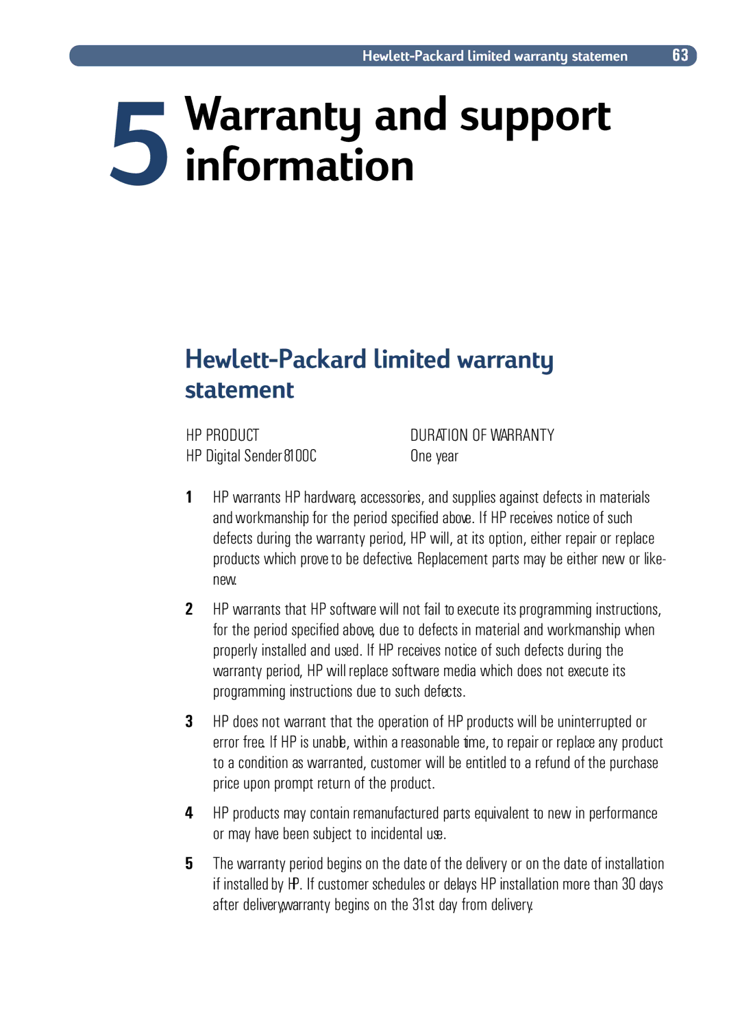 HP Fax Machine Sender manual HP Product, HP Digital Sender8100C One year 