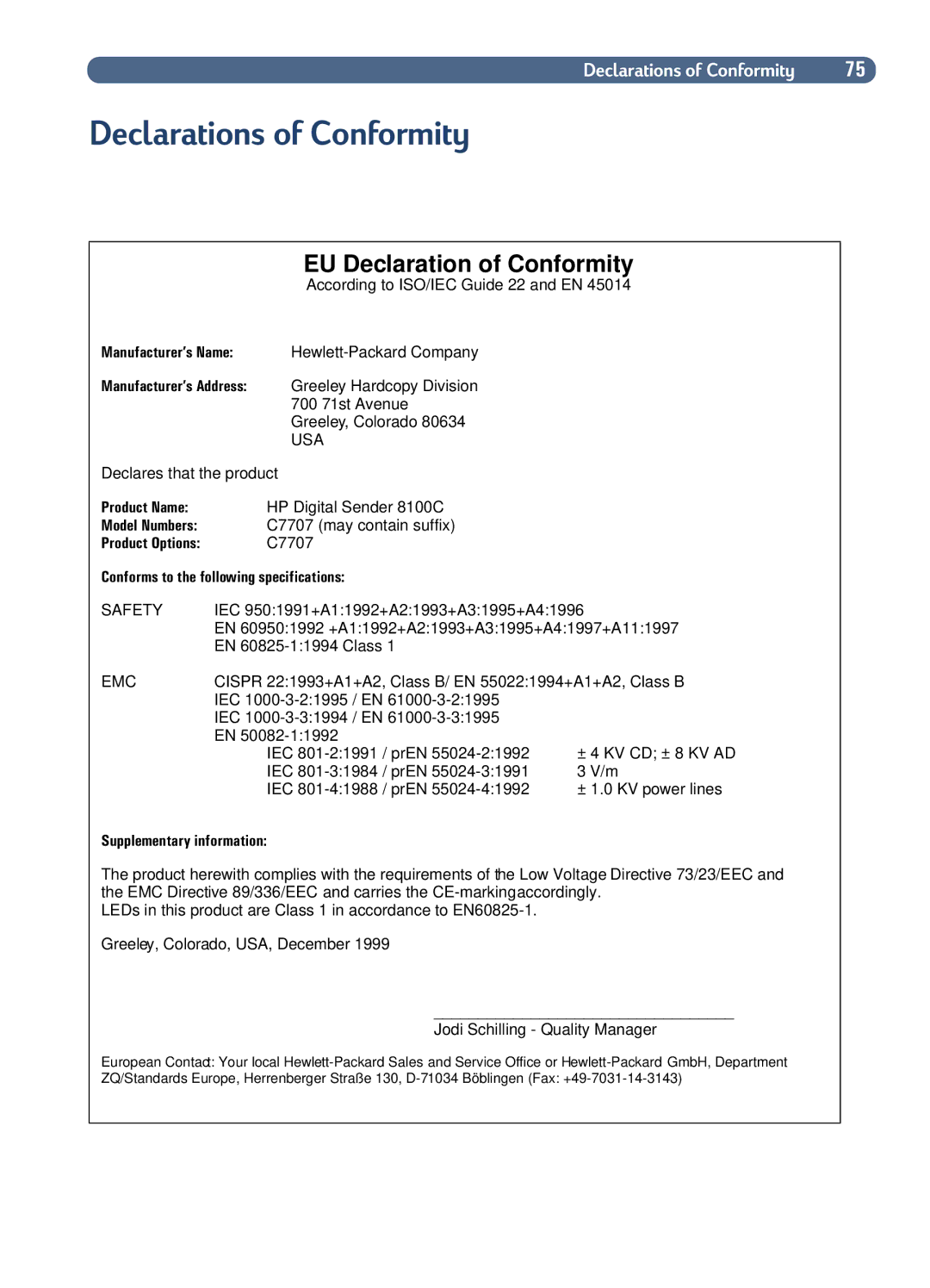 HP Fax Machine Sender manual EU Declaration of Conformity 