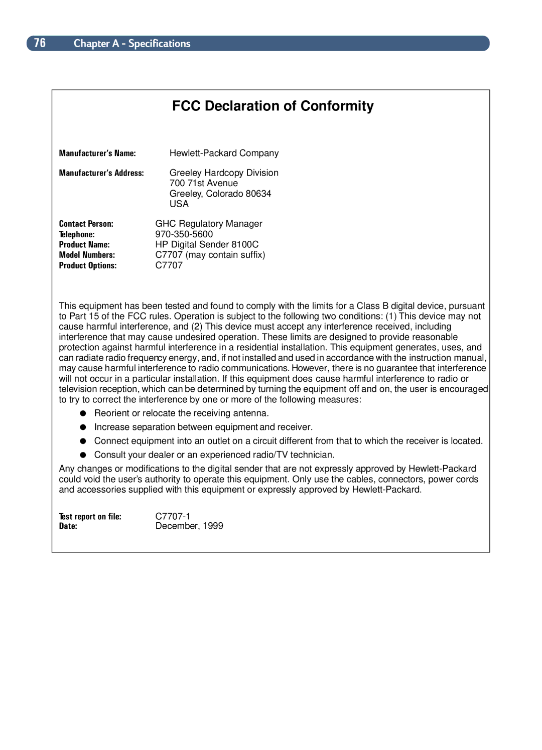 HP Fax Machine Sender manual FCC Declaration of Conformity, 76 !0 