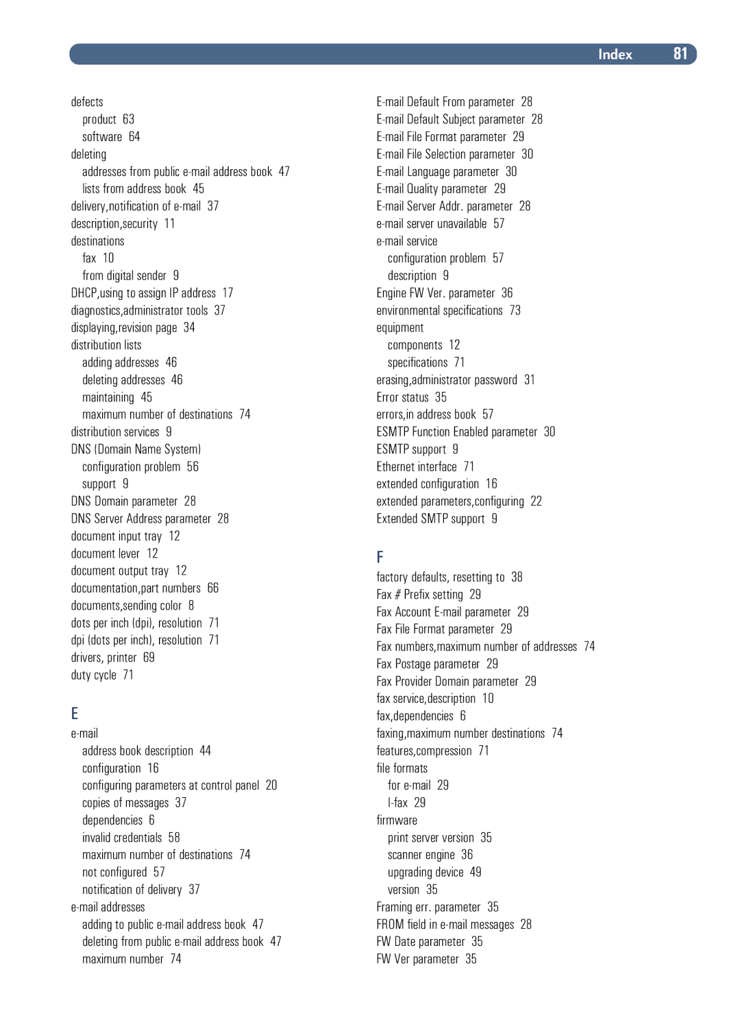 HP Fax Machine Sender Deleting, DNS Domain parameter, Duty cycle Mail, Errors,in address book, Framing err. parameter 