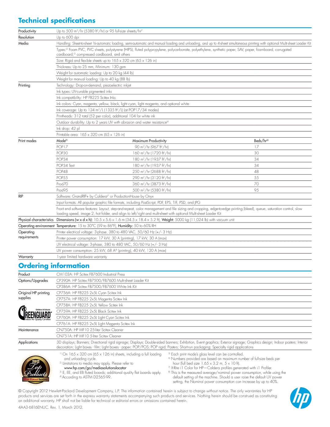 HP FB7600 manual Technical specifications 