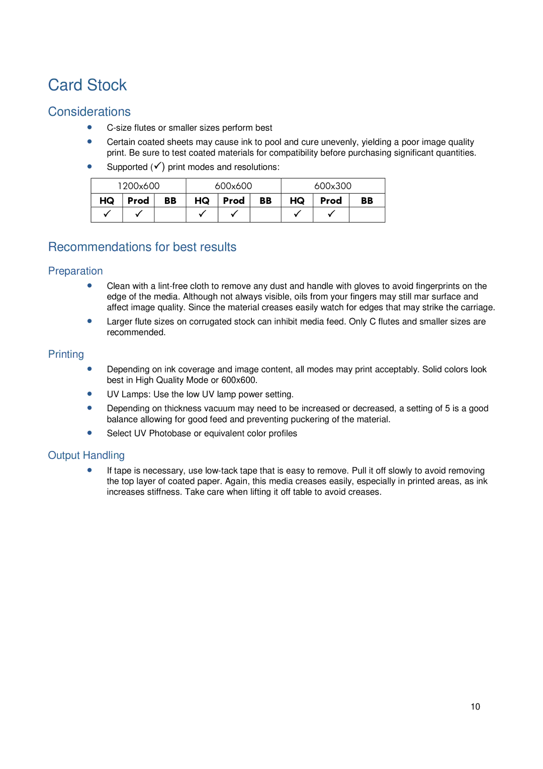 HP FB950 manual Card Stock, ∙ C-size flutes or smaller sizes perform best 