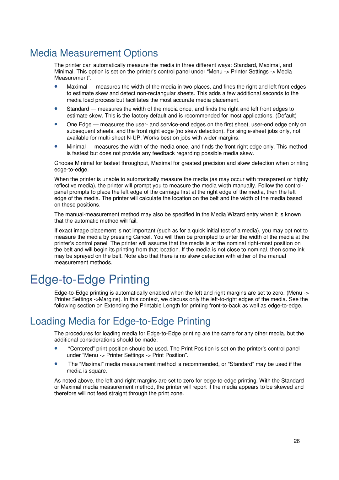 HP FB950 manual Media Measurement Options, Loading Media for Edge-to-Edge Printing 