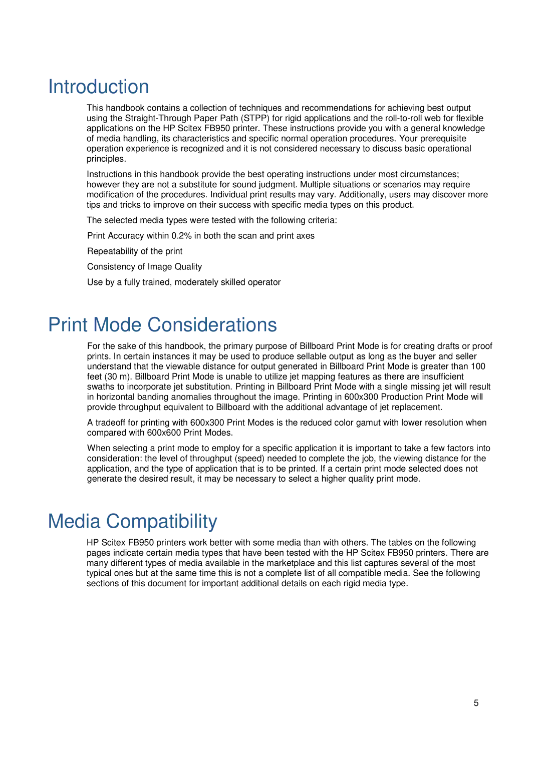 HP FB950 manual Introduction, Print Mode Considerations, Media Compatibility 