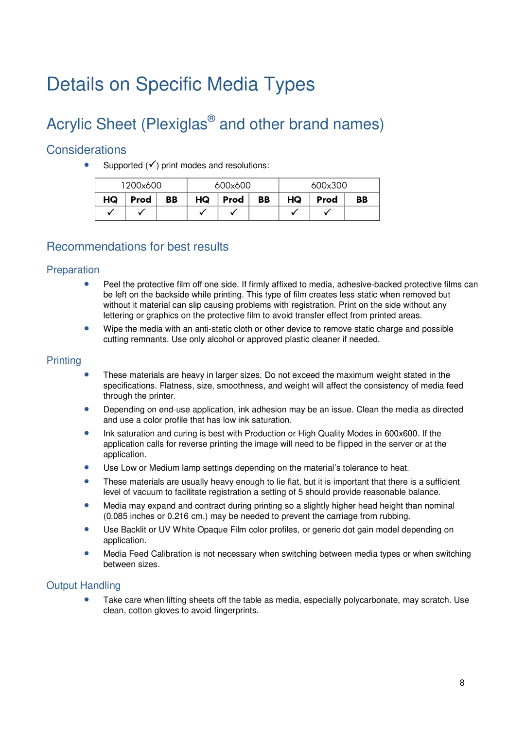 HP FB950 manual Details on Specific Media Types, Acrylic Sheet Plexiglas and other brand names 