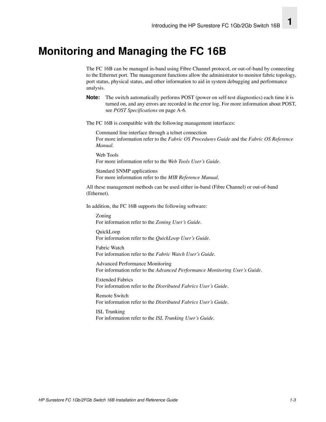 HP FC 1GB/2GB 16B manual Monitoring and Managing the FC 16B 