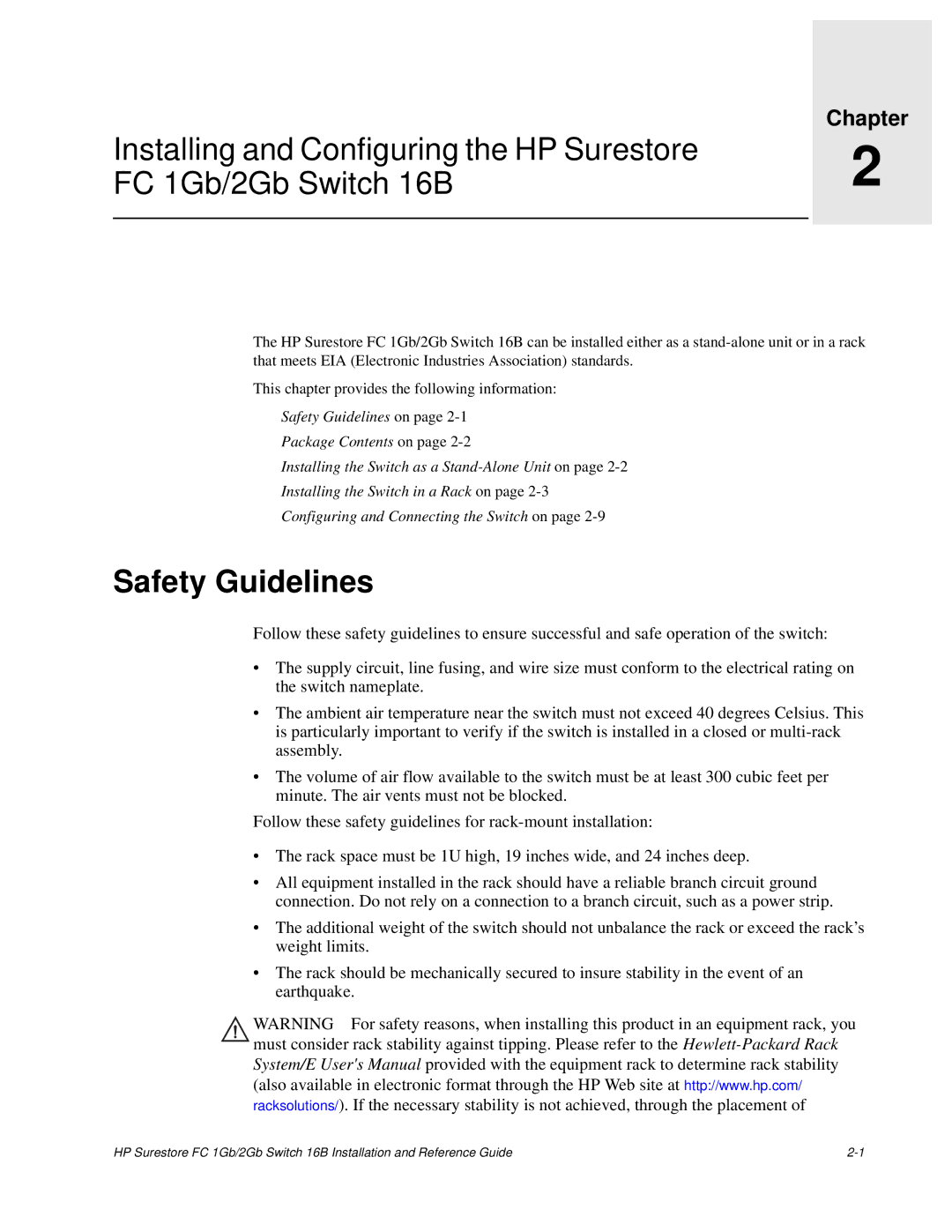 HP FC 1GB/2GB 16B manual Installing and Configuring the HP Surestore, FC 1Gb/2Gb Switch 16B, Safety Guidelines 