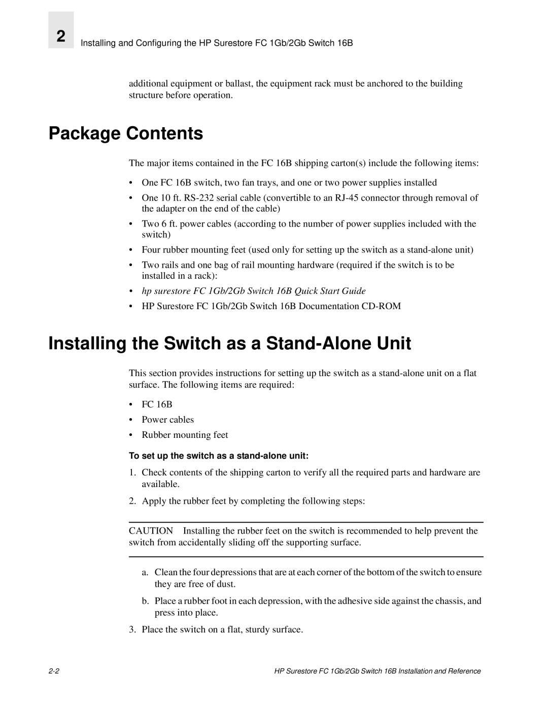 HP FC 1GB/2GB 16B manual Package Contents, Installing the Switch as a Stand-Alone Unit 