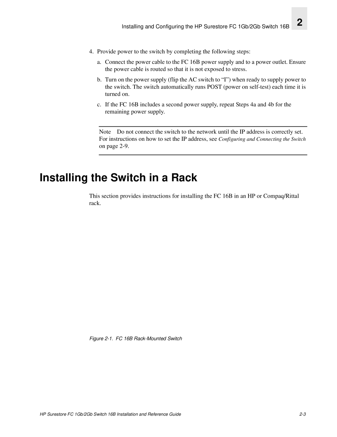 HP FC 1GB/2GB 16B manual Installing the Switch in a Rack, FC 16B Rack-Mounted Switch 