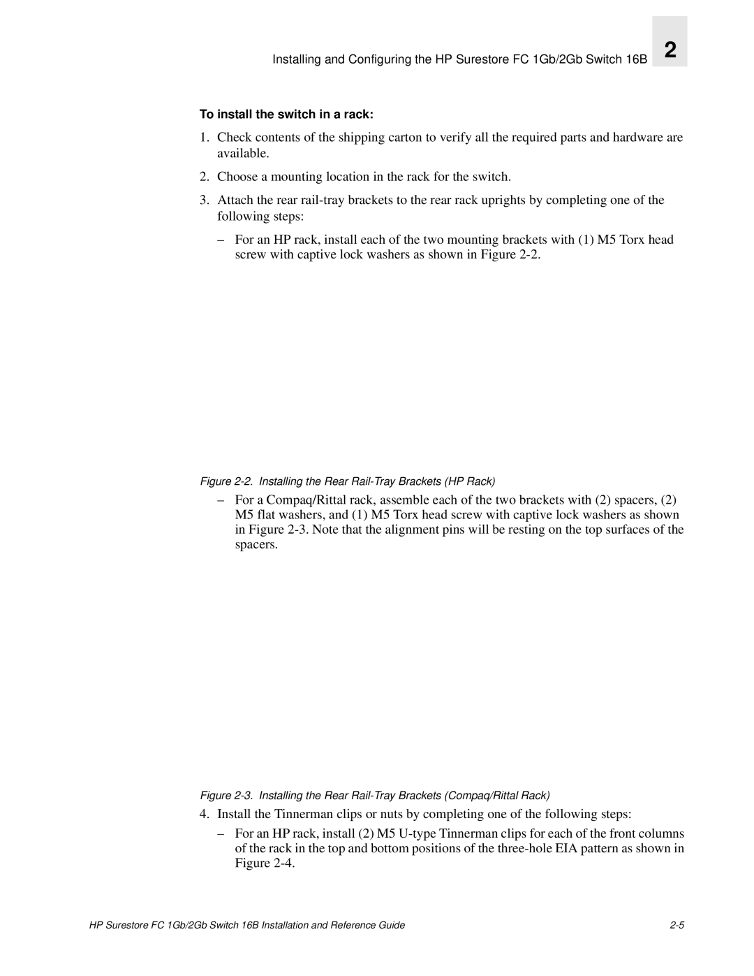 HP FC 1GB/2GB 16B manual To install the switch in a rack, Installing the Rear Rail-Tray Brackets HP Rack 