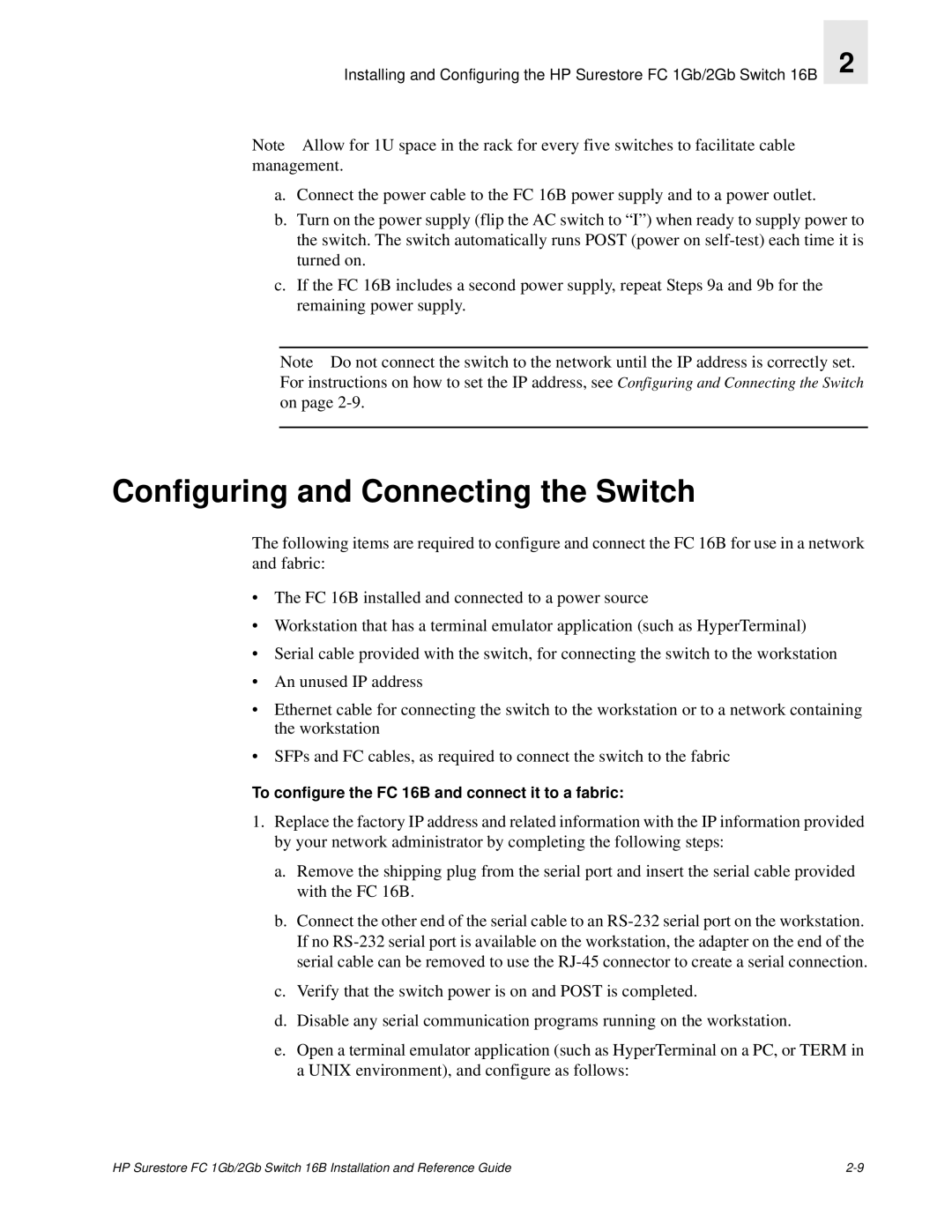 HP FC 1GB/2GB 16B manual Configuring and Connecting the Switch, To configure the FC 16B and connect it to a fabric 