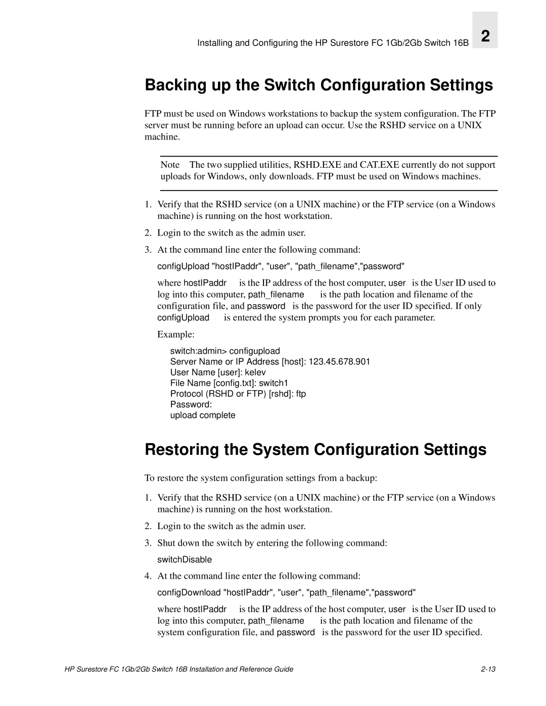 HP FC 1GB/2GB 16B manual Backing up the Switch Configuration Settings 