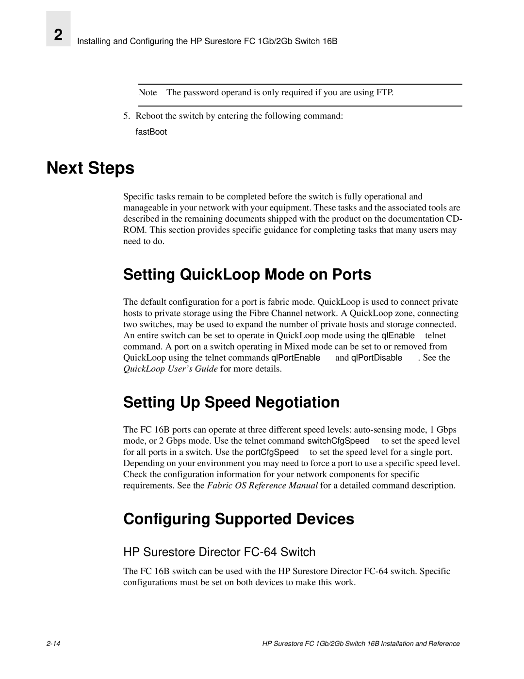 HP FC 1GB/2GB 16B manual Next Steps, Setting QuickLoop Mode on Ports 