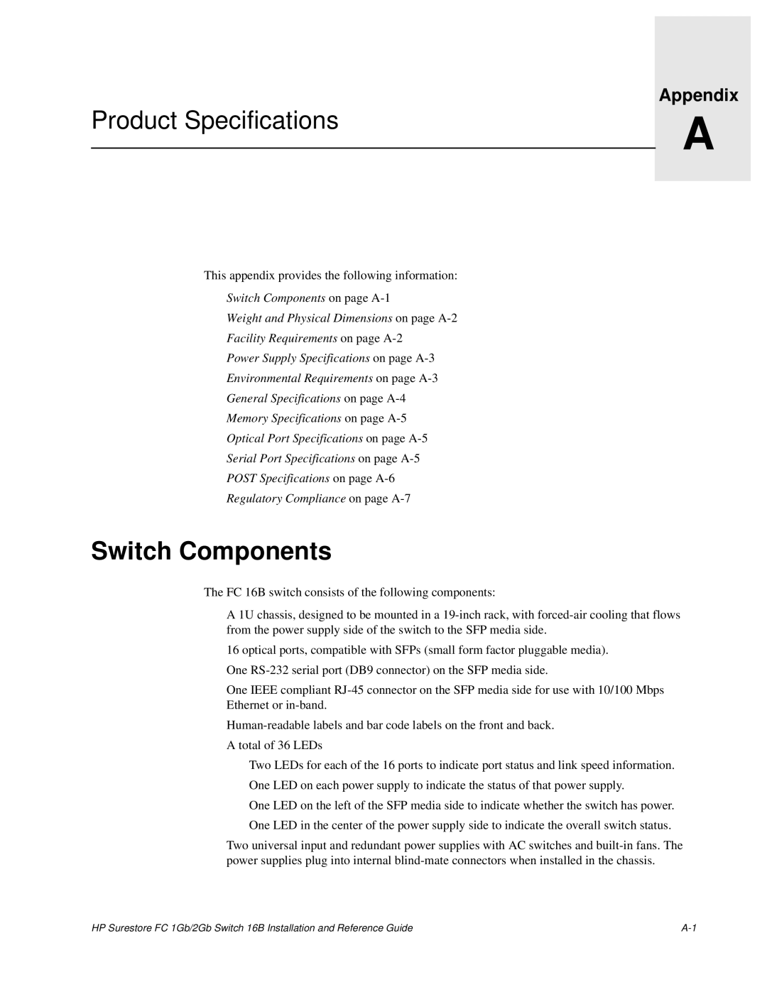 HP FC 1GB/2GB 16B manual Product Specifications, Switch Components 