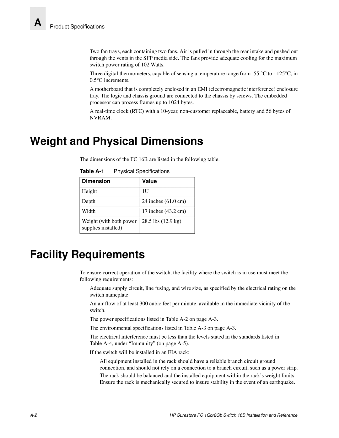 HP FC 1GB/2GB 16B manual Weight and Physical Dimensions, Facility Requirements, Table A-1, Dimension Value 