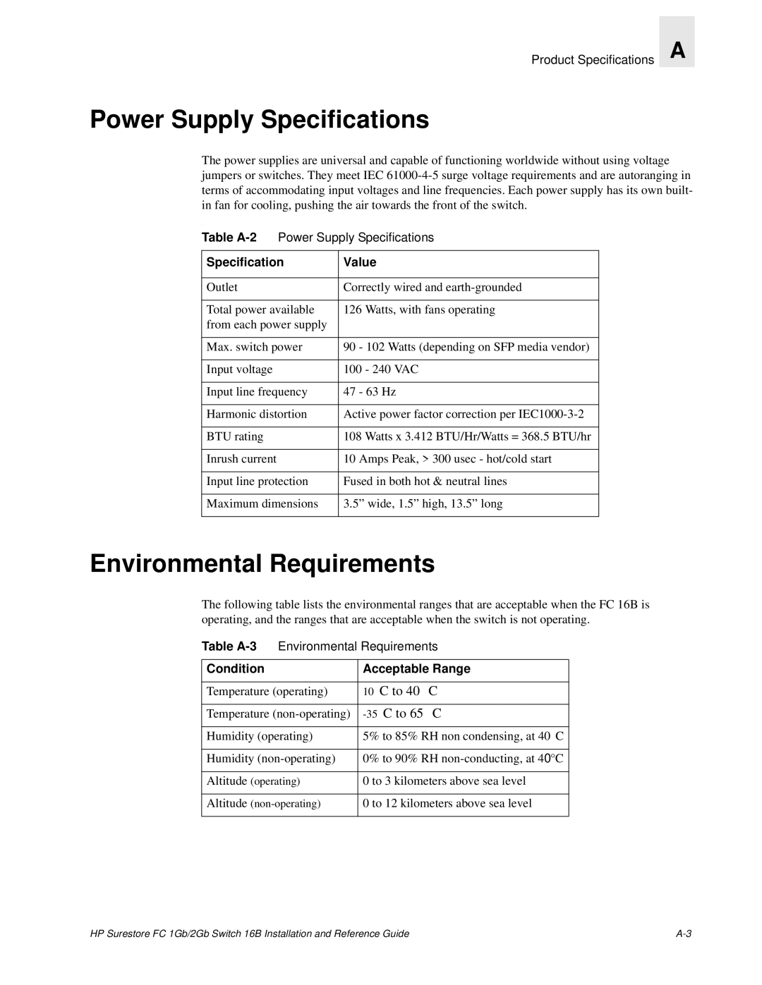 HP FC 1GB/2GB 16B manual Power Supply Specifications, Environmental Requirements 