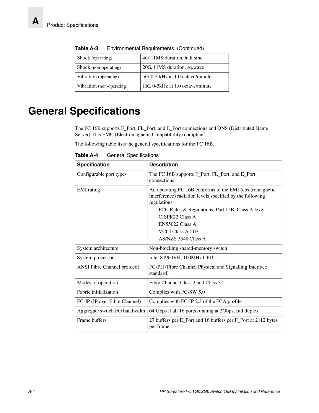 HP FC 1GB/2GB 16B manual General Specifications, Table A-4, Specification Description 