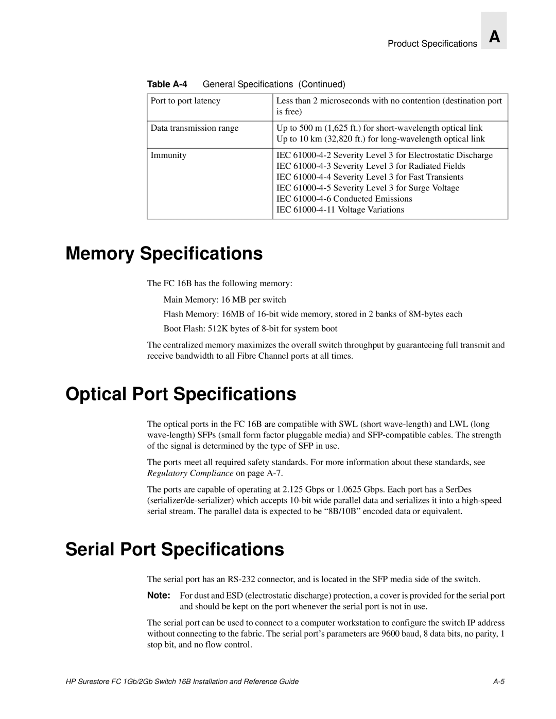 HP FC 1GB/2GB 16B manual Memory Specifications, Optical Port Specifications, Serial Port Specifications 